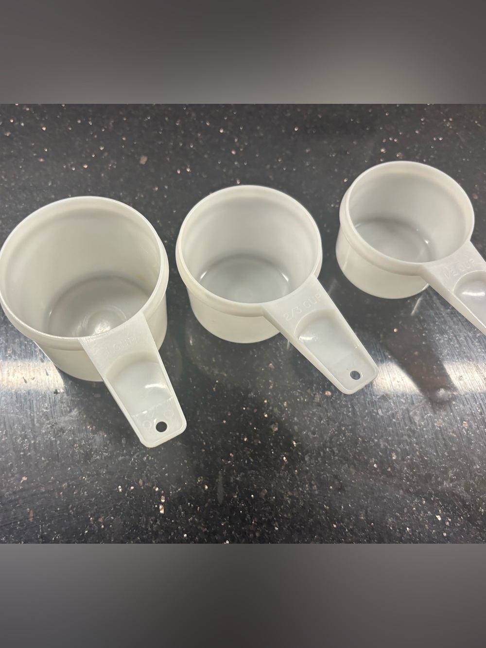 Tupperware White Plastic Measuring Cups Set of 3- 1 cup, 2/3, and 1/2 cup